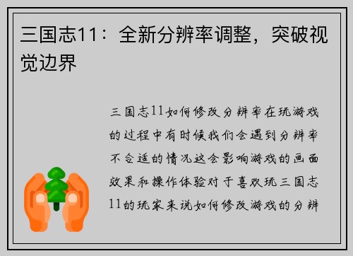 三国志11：全新分辨率调整，突破视觉边界